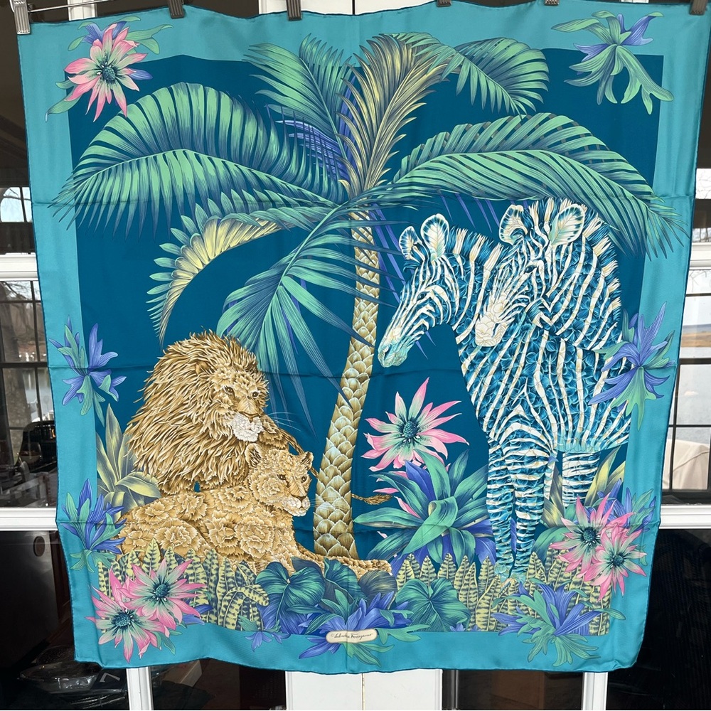 Salvatore Ferragamo Turquoise Floral & Animal Print Silk Scarf